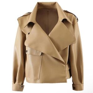 Caramel Faux Leather Moto/Cropped Trench Jacket